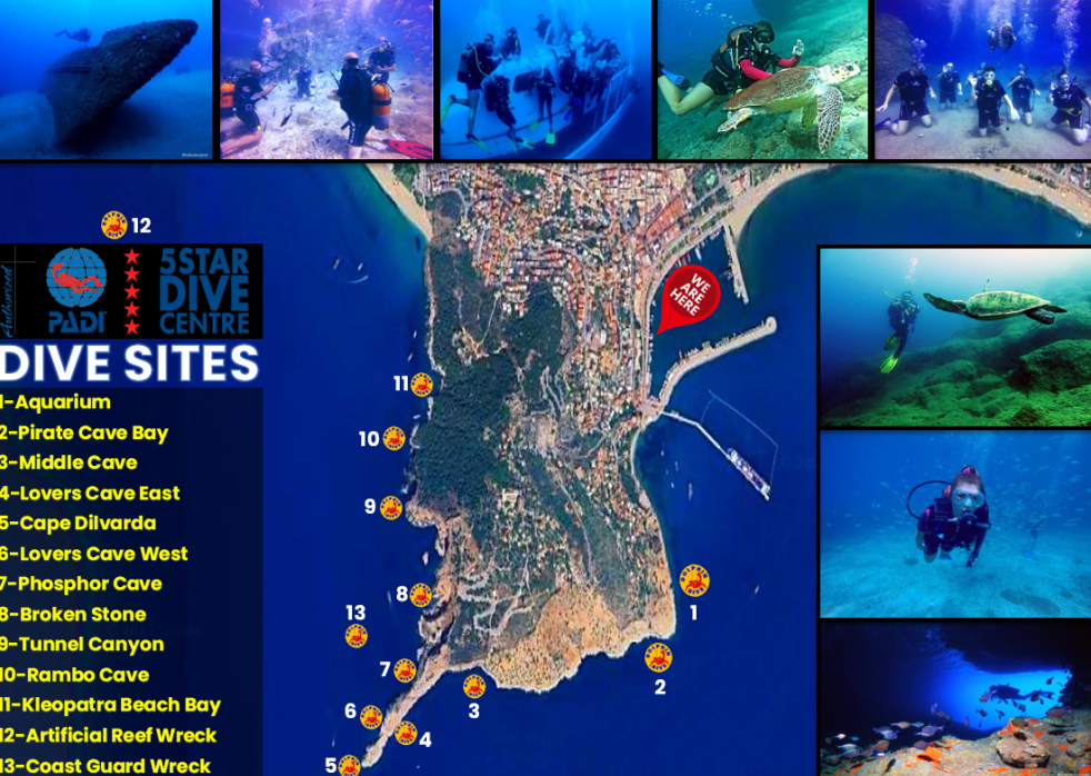 Alanya Scuba Diving Tour Routes Map showing Alanya diving harbor, Alanya Castle, underwater reef area, coastal dive point, clear-water swim area and Cleopatra Beach