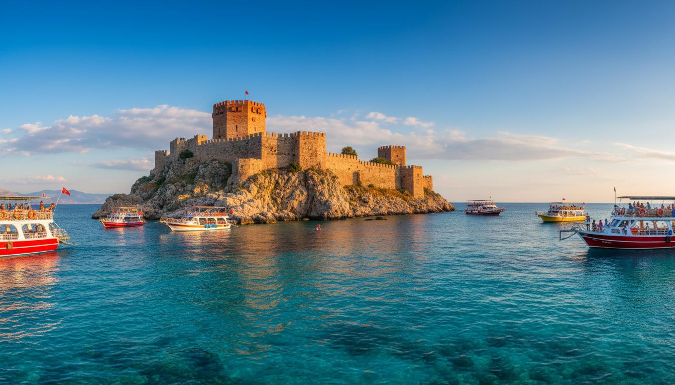 Panoramic view of Alanya Castle seen from a boat tour route