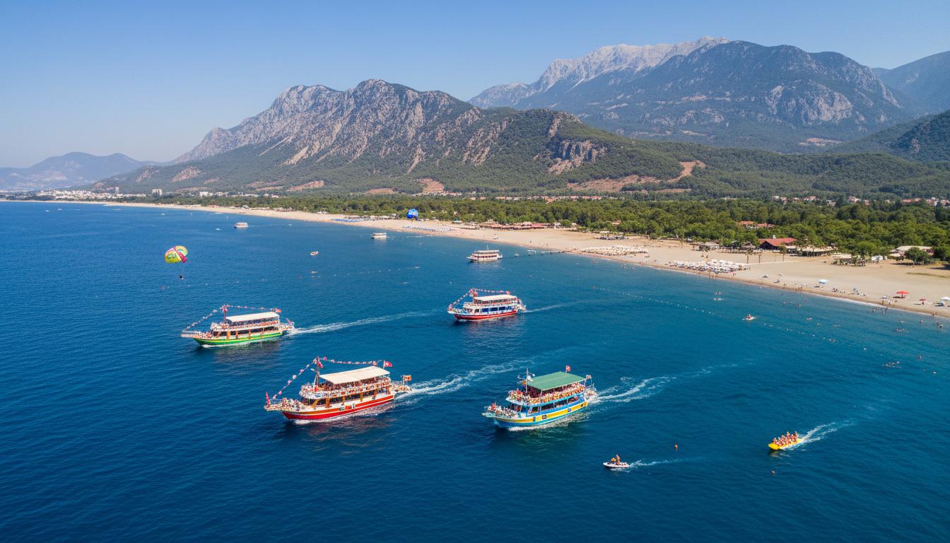 Drone aerial image of Alanya coastline and boat tours on the Turkish Riviera