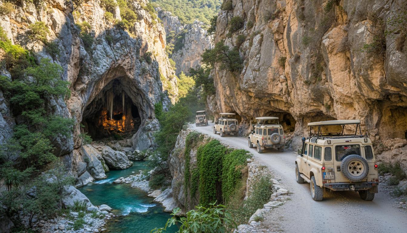 Alanya Jeep Safari passing Dim Cave canyon road with 4x4 convoy and turquoise river