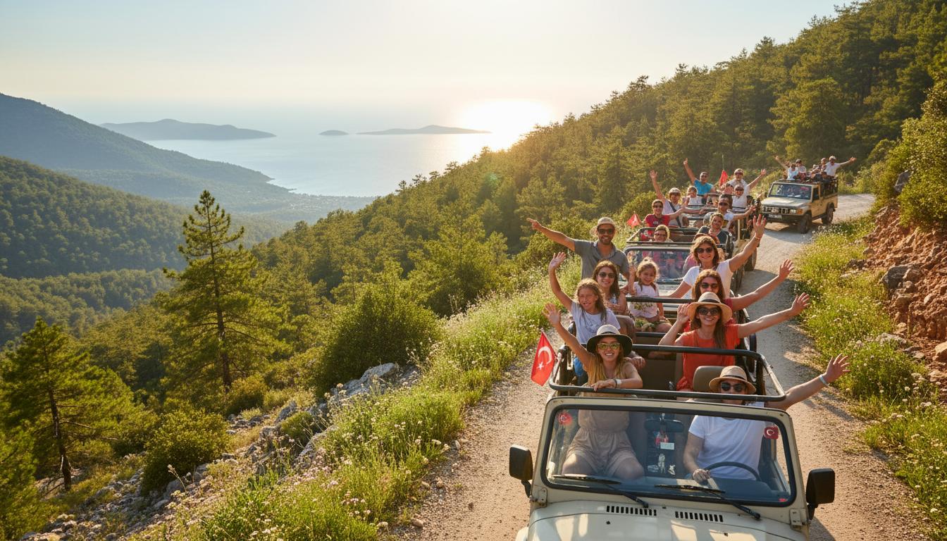 Family-friendly Alanya Jeep Safari convoy driving on mountain road with sea view