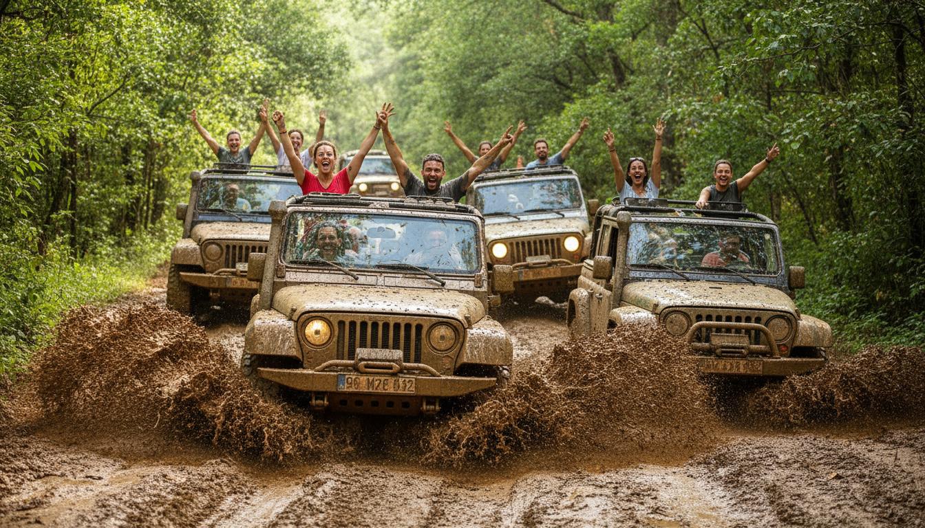 Alanya Jeep Safari muddy off-road fun with splashing jeeps in forest track