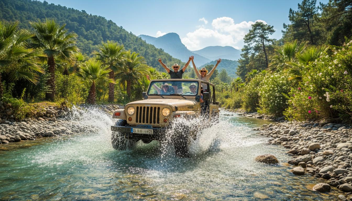 Alanya Jeep Safari river crossing with water splash and open-top jeep