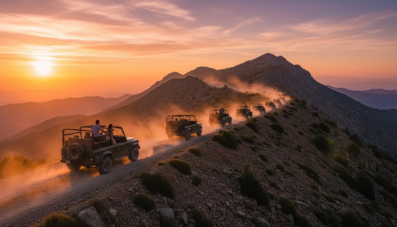 Alanya Jeep Safari convoy at sunset in the Taurus Mountains with dusty golden road