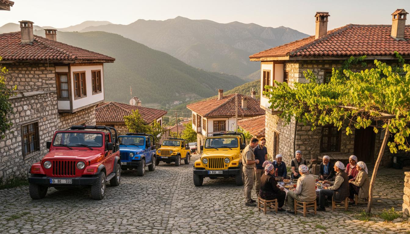 Alanya Jeep Safari traditional village cultural stop with colorful jeeps
