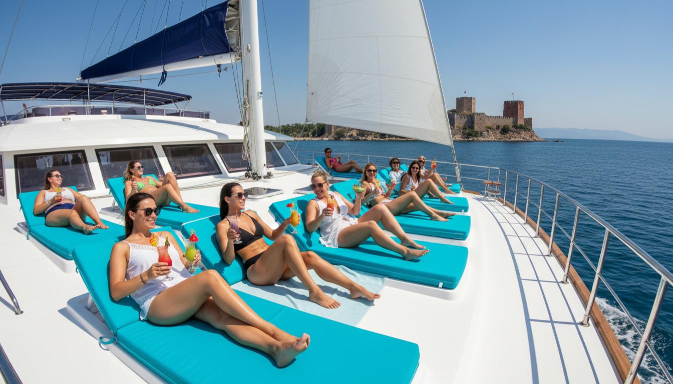 Luxury catamaran deck relaxation during an Alanya boat tour