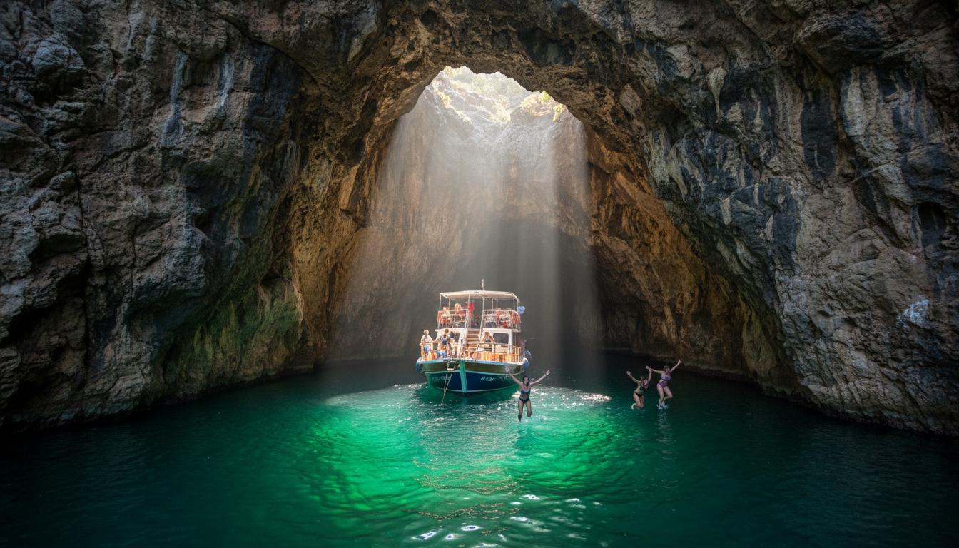 Boat entering pirate cave during Alanya boat tour adventure