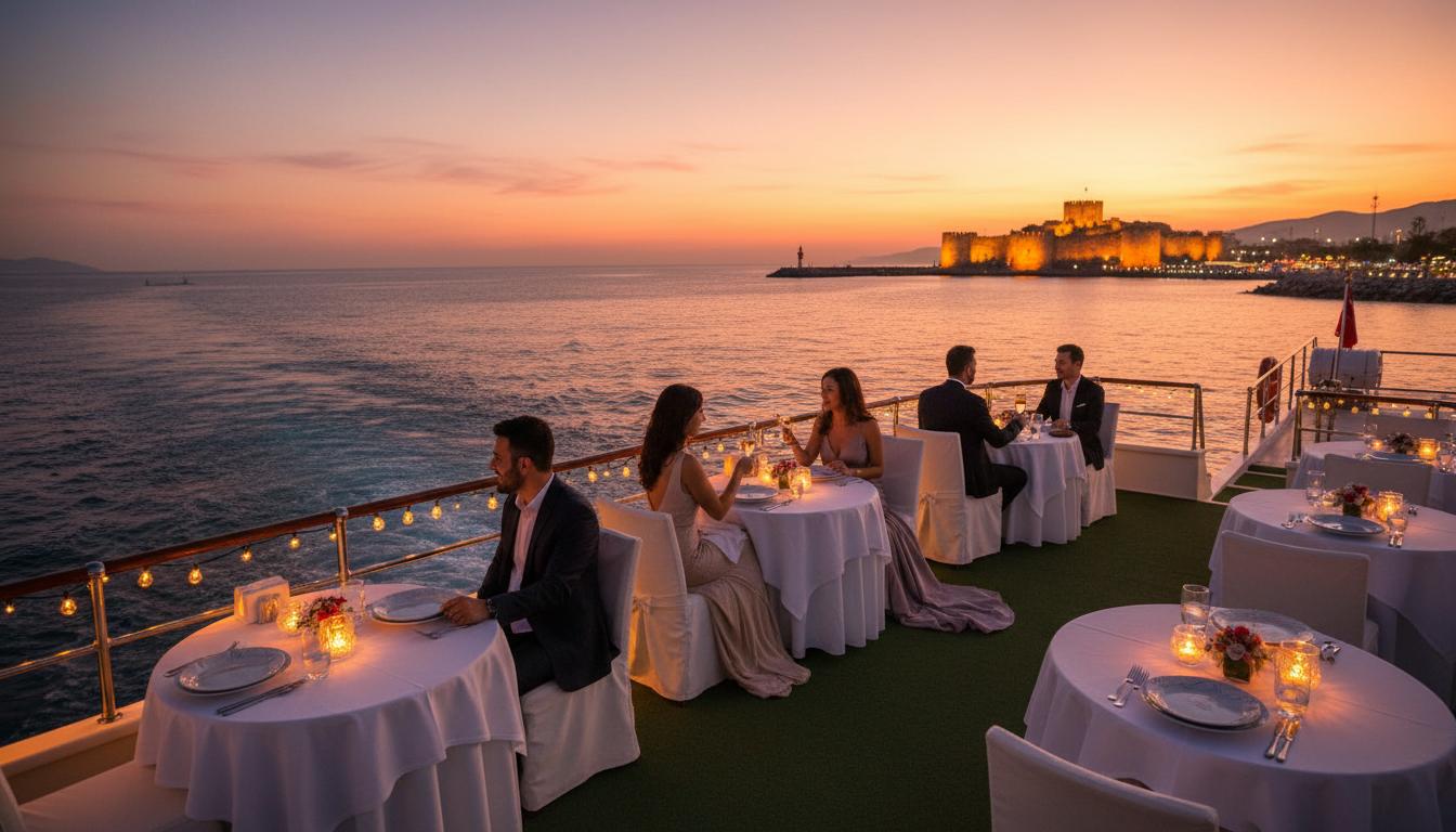 Romantic Alanya sunset dinner cruise with castle lights in the background