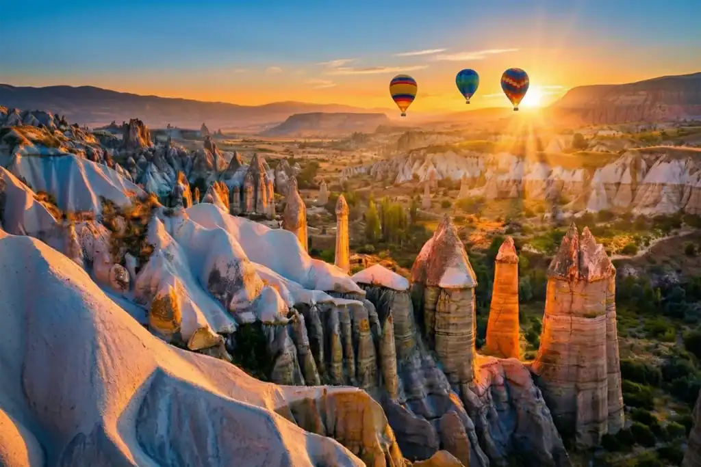 Cappadocia rock formations and balloons at golden hour