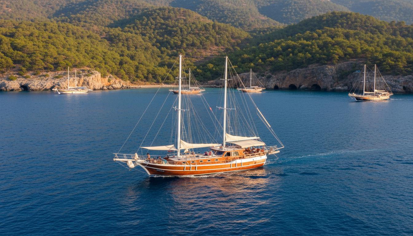 Traditional gulet on a blue voyage style Alanya boat tour