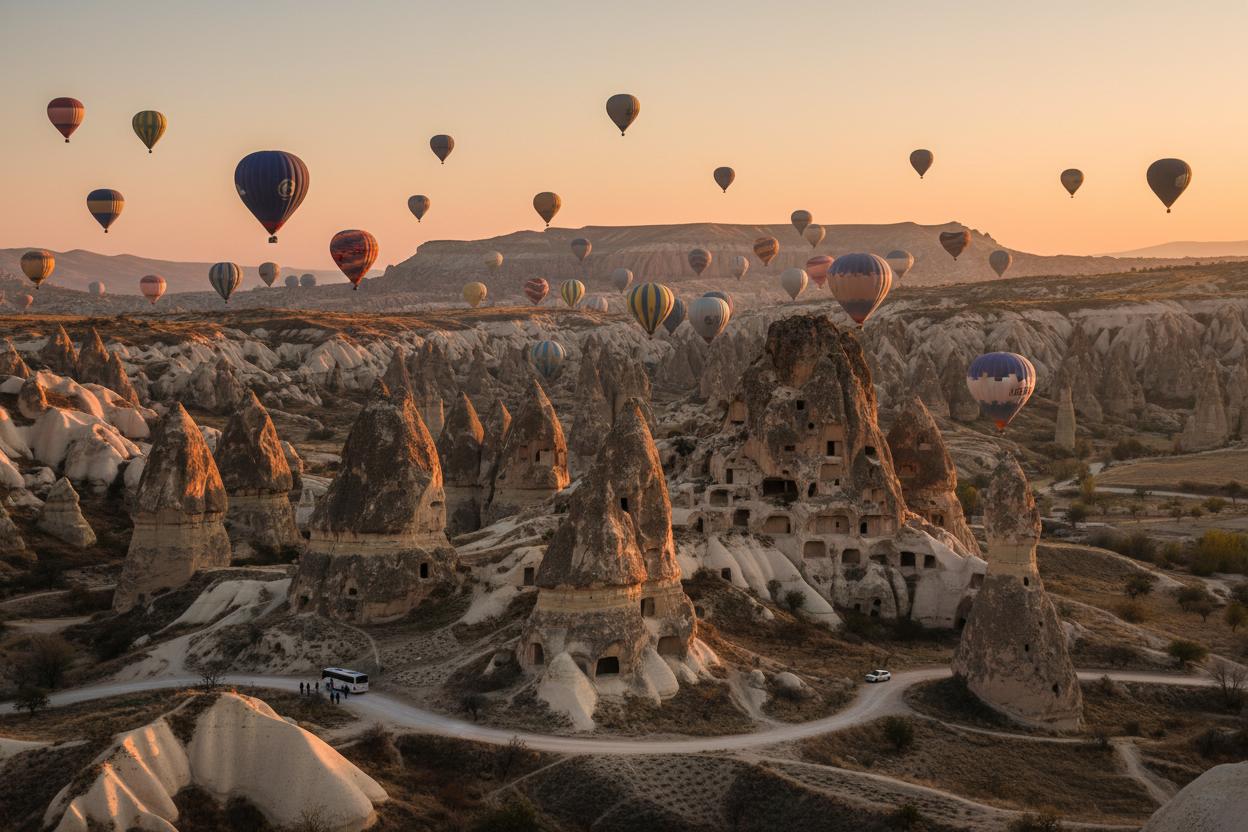 Hot air balloons in Cappadocia during sunrise