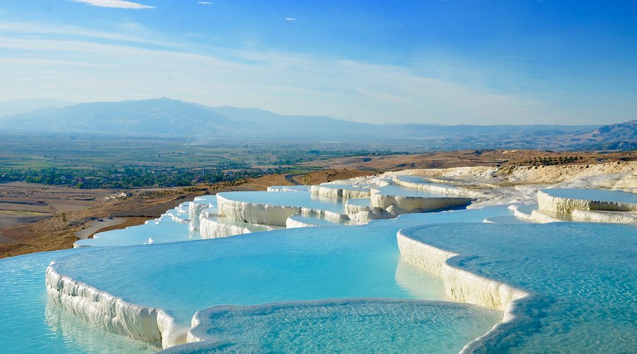 Wide Pamukkale travertines with blue pools
