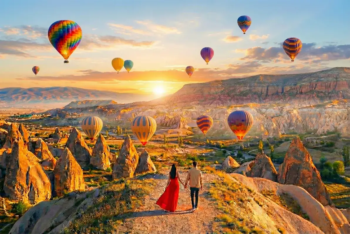 Couple walking together in Cappadocia with balloons